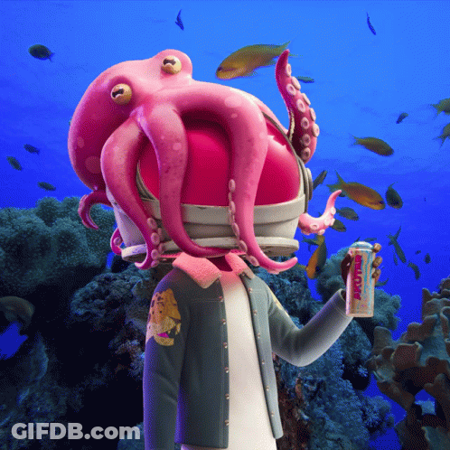 Cartoon Octopus Head Holding Energy Can GIF