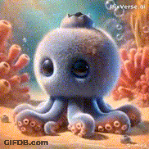 Cartoon Octopus Swimming In Ocean Surrounded By Coral GIF