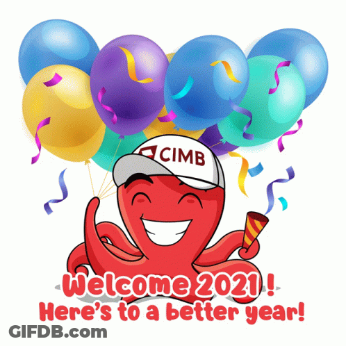 Cartoon Octopus With Cimb Hat Holding Balloons Welcome 2021 GIF