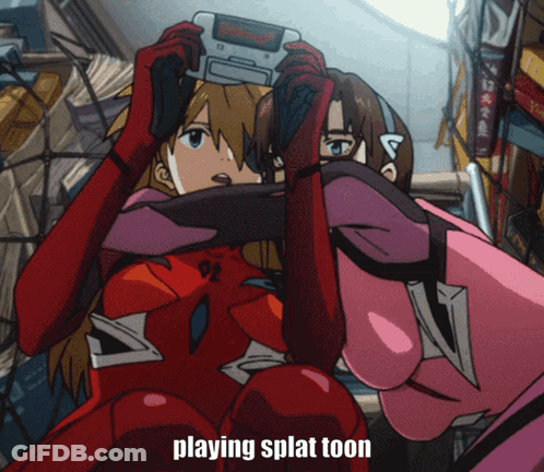 Cartoon Of Two Girls Playing Splatoon Together GIF