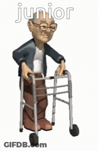 Cartoon Older Man Using Walker With Junior GIF