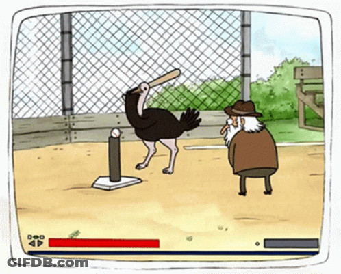 Cartoon Ostrich Swinging Bat At Pole GIF