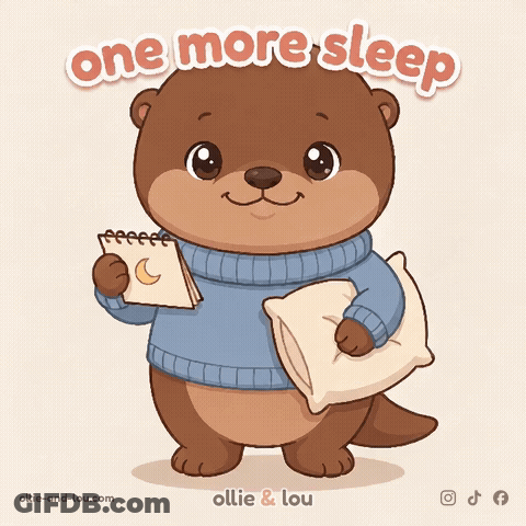 Cartoon Otter Holding Pillow And Notebook Saying One More Sleep GIF