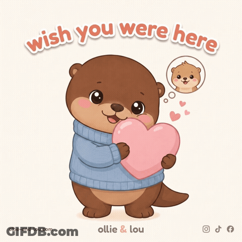 Cartoon Otter Holding Pink Heart Wish You Were Here GIF