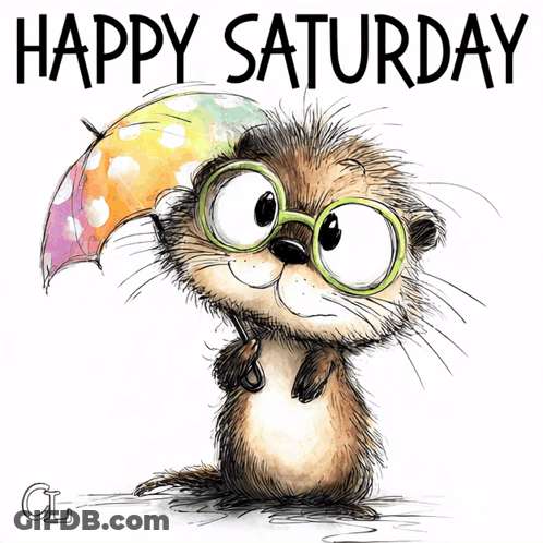 Cartoon Otter With Glasses And Umbrella Saying Happy Saturday GIF