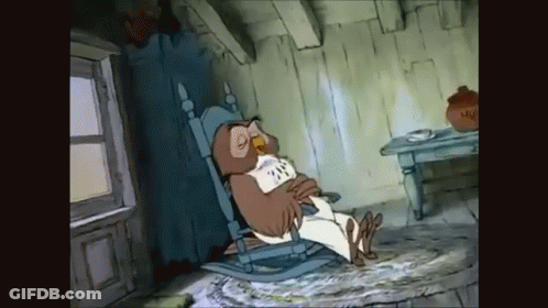 Cartoon Owl In Rocking Chair With Honey Pot GIF