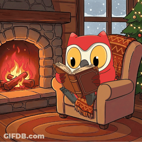Cartoon Owl Reading Book By Fireplace GIF