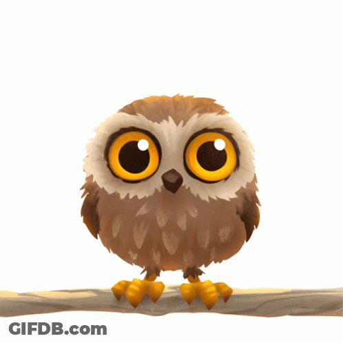 Cartoon Owl With Big Yellow Eyes Sitting On Branch GIF