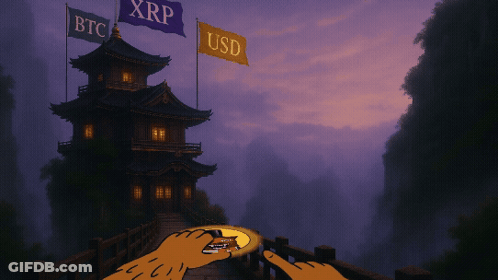 Cartoon Pagoda With BTC XRP And USD Flags GIF