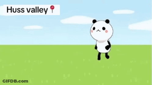 Cartoon Panda In Grassy Field With Huss Valley Sign GIF
