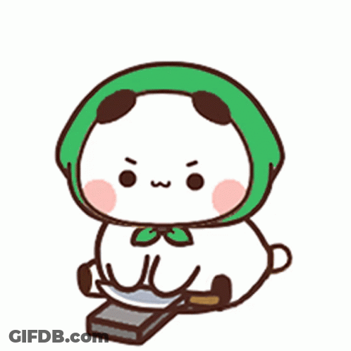 Cartoon Panda In Green Scarf Sitting On Stool GIF