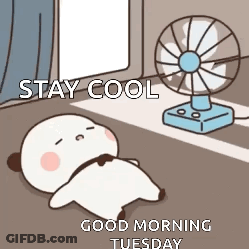Cartoon Panda Laying By Fan Stay Cool Good Morning Tuesday GIF