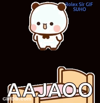 Cartoon Panda Sitting On Bed With Aajao GIF