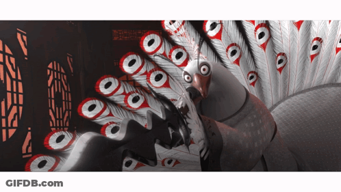 Cartoon Peacock With Red And White Feathers At Window GIF