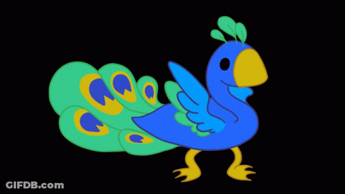 Cartoon Peacock With Yellow Beak And Green Feathers GIF