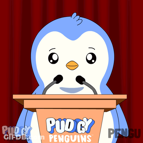 Cartoon Penguin At Podium With Pudgy Penguins GIF