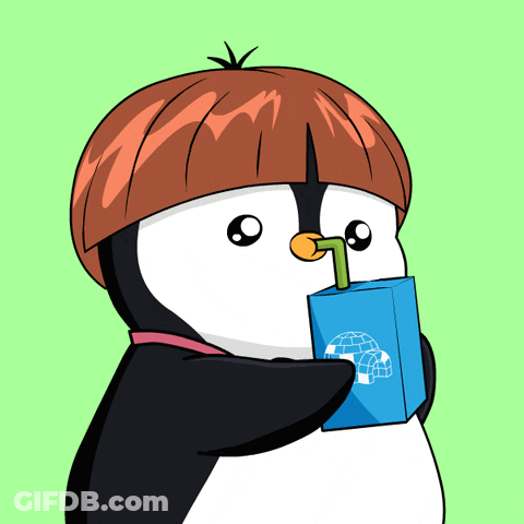 Cartoon Penguin Drinking From Blue Box With Igloo GIF