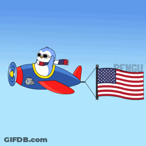 Cartoon Penguin Flying Blue Airplane With Flag GIF