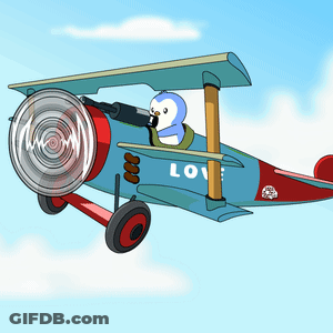 Cartoon Penguin Flying Blue And Red Airplane With Love GIF