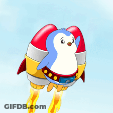 Cartoon Penguin Flying With Rocket Belt GIF