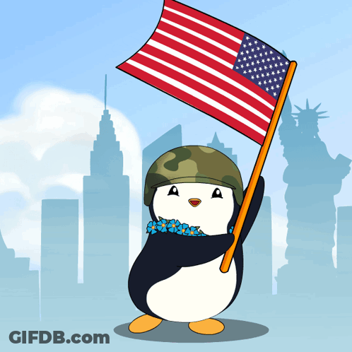 Cartoon Penguin Holding American Flag GIF