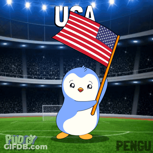 Cartoon Penguin Holding American Flag With USA GIF