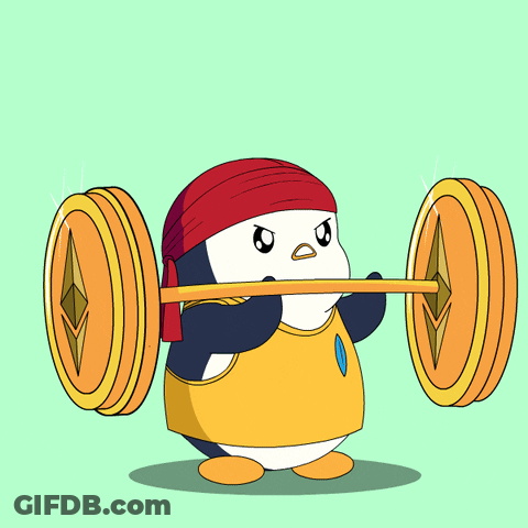 Cartoon Penguin Holding Barbell With Coin GIF