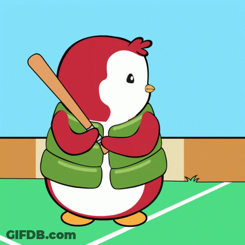 Cartoon Penguin Holding Baseball Bat In Green Vest GIF