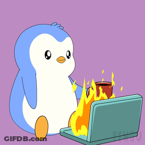 Cartoon Penguin Holding Coffee Next To Laptop GIF