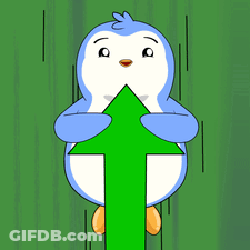 Cartoon Penguin Holding Green Arrow Upwards GIF