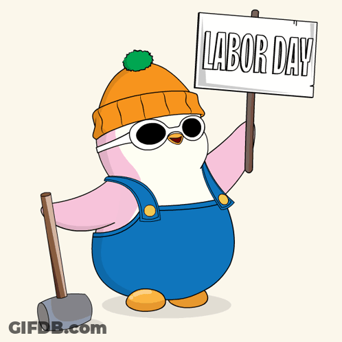 Cartoon Penguin Holding Labor Day Sign GIF