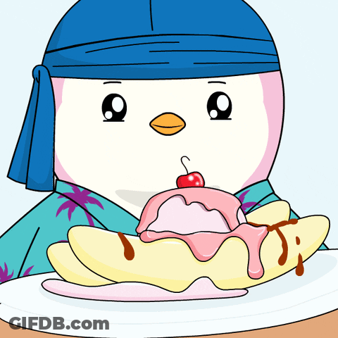 Cartoon Penguin Holding Plate Of Food With Cherry GIF