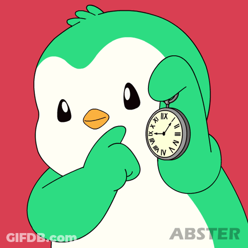 Cartoon Penguin Holding Pocket Watch With Roman Numerals GIF