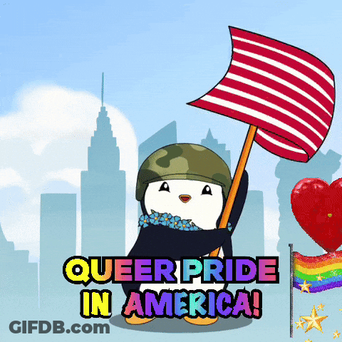 Cartoon Penguin Holding Queer Pride In America Flag GIF