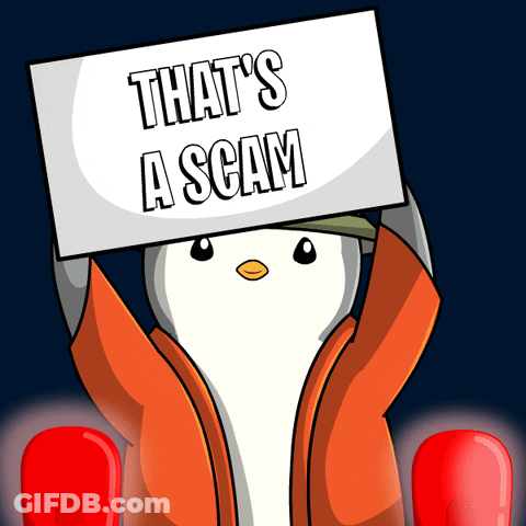 Cartoon Penguin Holding Sign That's A Scam GIF
