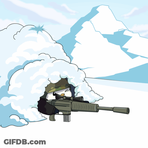 Cartoon Penguin Holding Sniper Rifle In Snow GIF
