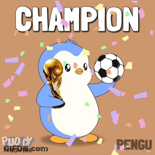 Cartoon Penguin Holding Trophy And Soccer Ball GIF