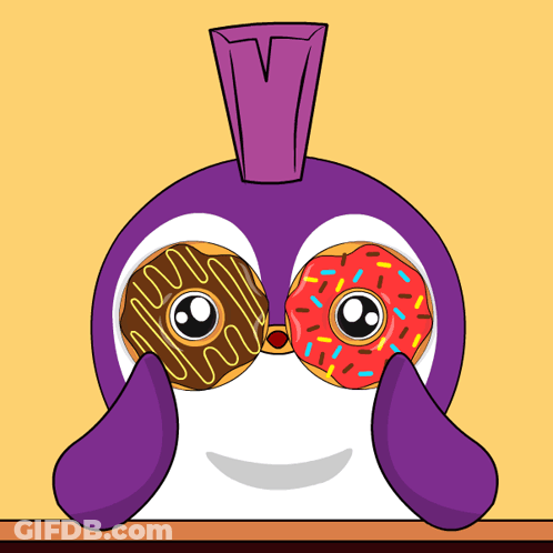 Cartoon Penguin Holding Two Donuts Over Eyes GIF