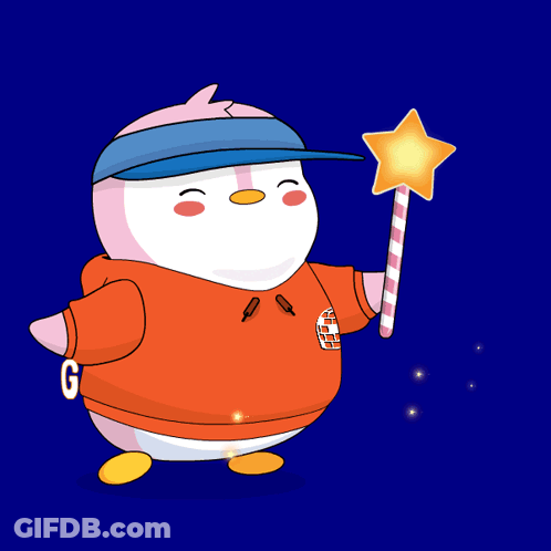 Cartoon Penguin Holding Wand Saying Good Luck GIF