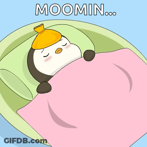 Cartoon Penguin In Bed With Hot Water Bottle Saying Moomin GIF