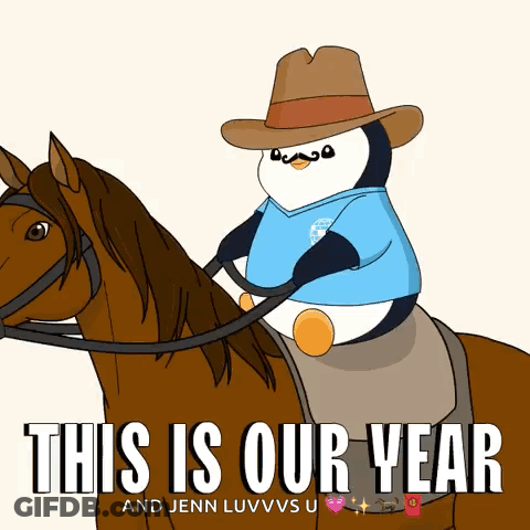 Cartoon Penguin In Cowboy Hat Riding Horse GIF