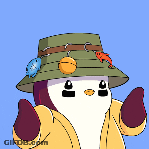 Cartoon Penguin In Fisherman's Hat With Fish Hanging GIF