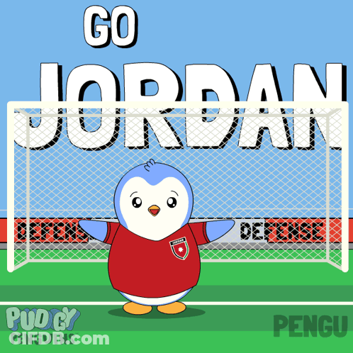 Cartoon Penguin In Front Of Goal Saying Go Jordan GIF