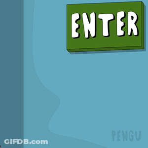 Cartoon Penguin In Front Of Green Enter Sign GIF