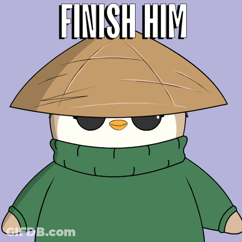 Cartoon Penguin In Green Sweater And Hat Saying Finish Him GIF
