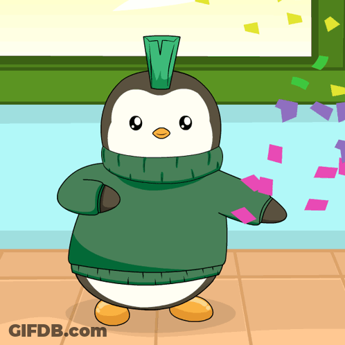 Cartoon Penguin In Green Sweater And Mohawk With Letter V GIF