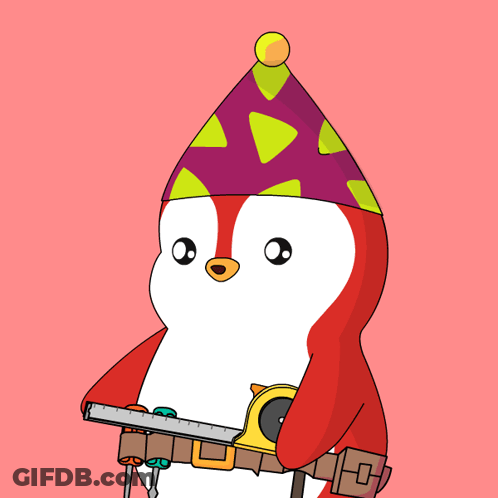 Cartoon Penguin In Party Hat Holding Tape Measure GIF