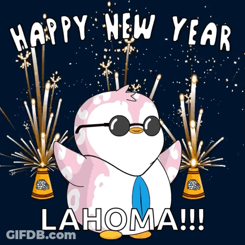 Cartoon Penguin In Sunglasses And Tie Says Happy New Year Lahoma GIF