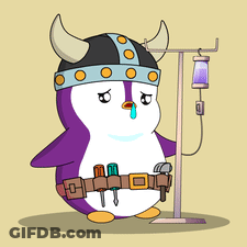 Cartoon Penguin In Viking Helmet Holding Needle GIF