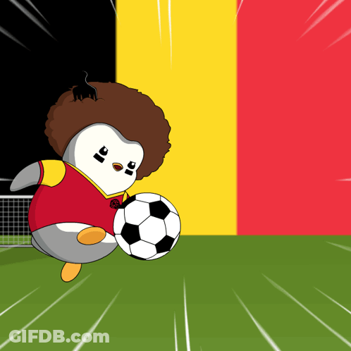 Cartoon Penguin Kicking Soccer Ball In Front Of Belgian Flag GIF